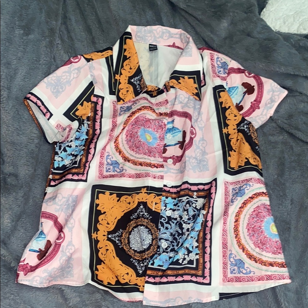 SHEIN Artistic Pink and Blue Button Down Shirt